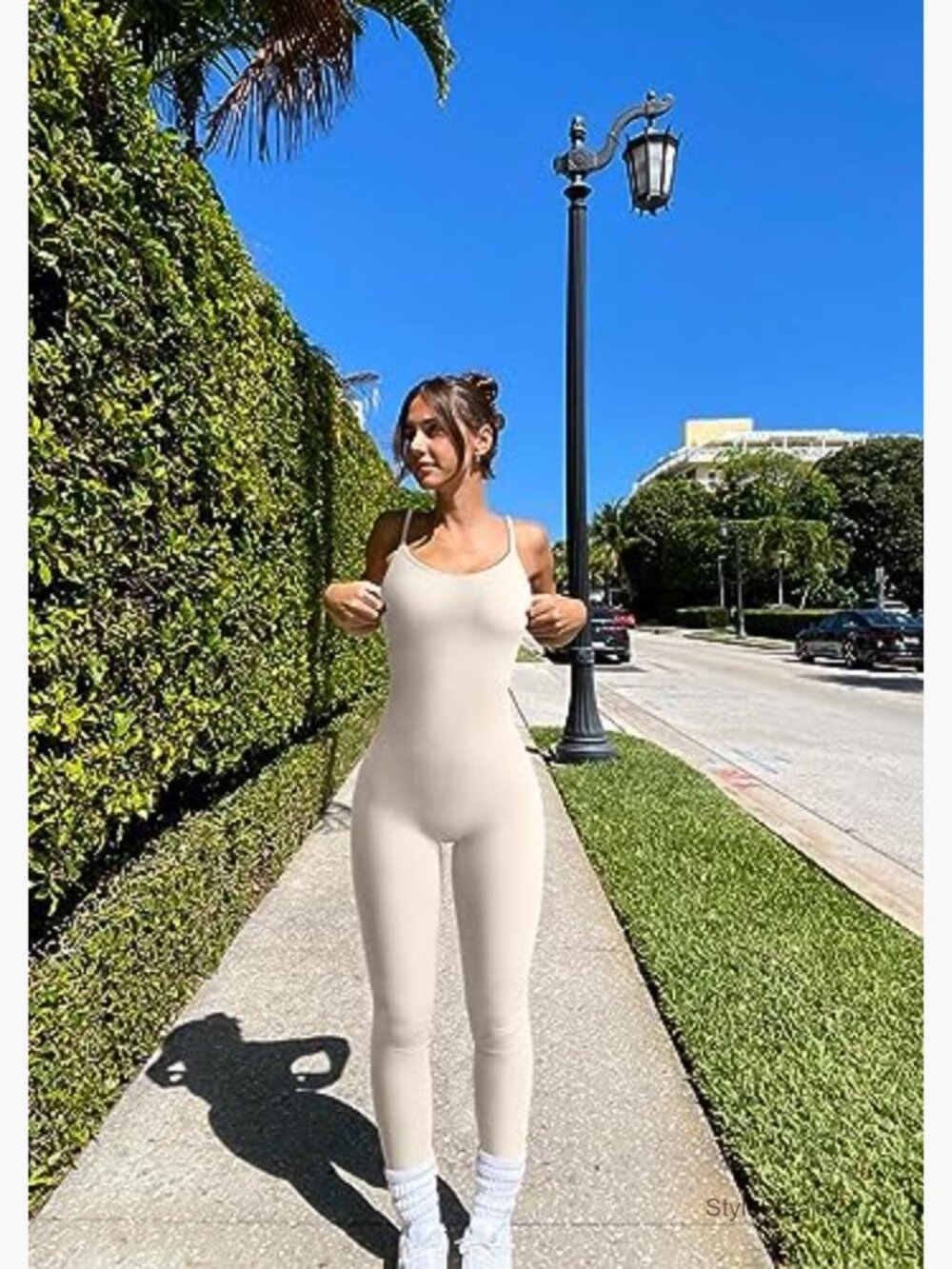 Women Seamless Ribbed Yoga Jumpsuit Bodycon Romper Spaghetti Strap - Picture 4 of 7